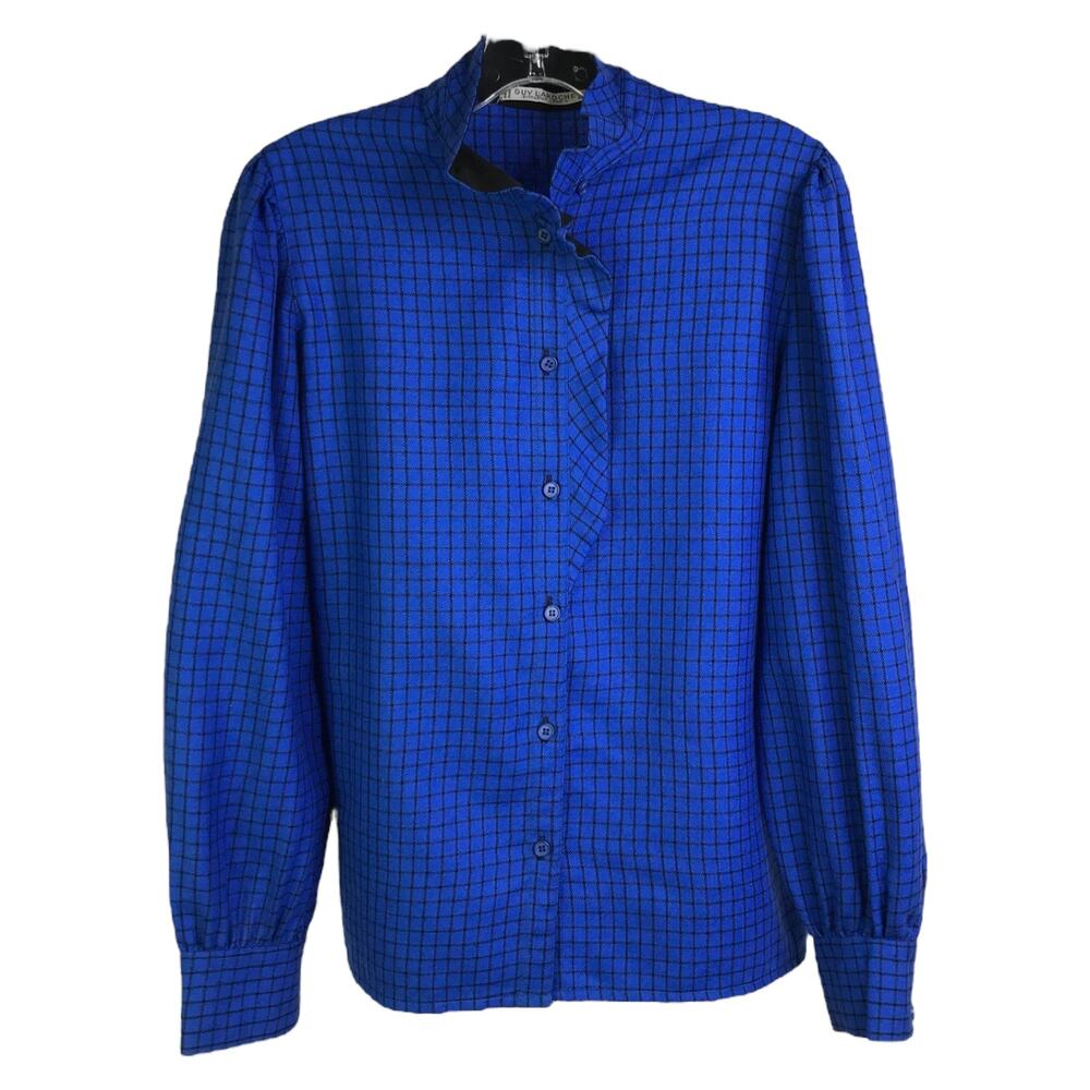 Guy Laroche Button Down Shirt Women‎ Sz 38 Blue Black Check Ruffled Collar